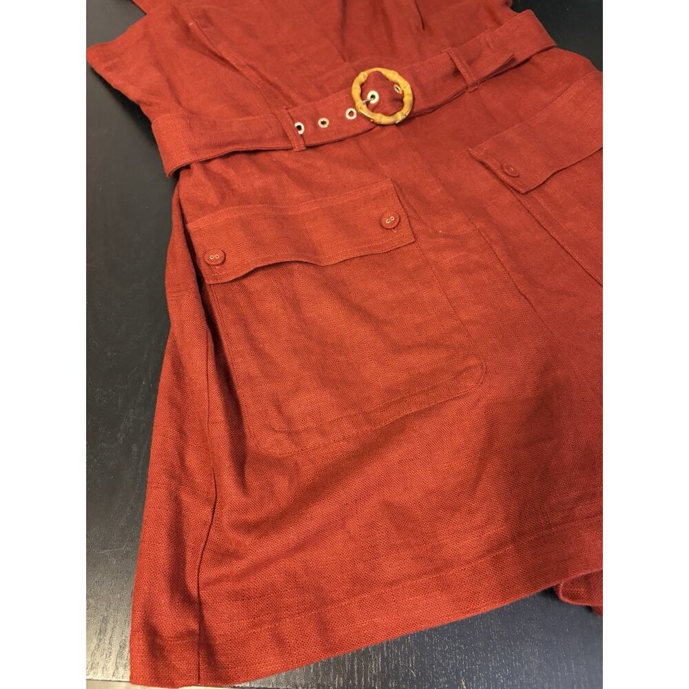 NWT Boho Coastal Linen Blend Belted Romper Rust Utility Safari Pockets Women 10 - Picture 5 of 13